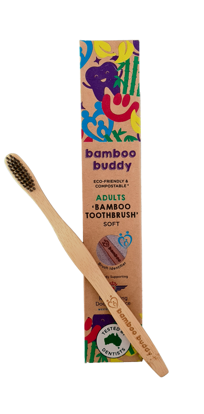 Bamboo Buddy Adult toothbrush with colourful packaging on a white background