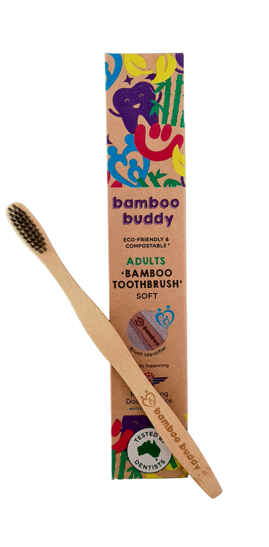 Bamboo Buddy Adult toothbrush with colourful packaging on a white background