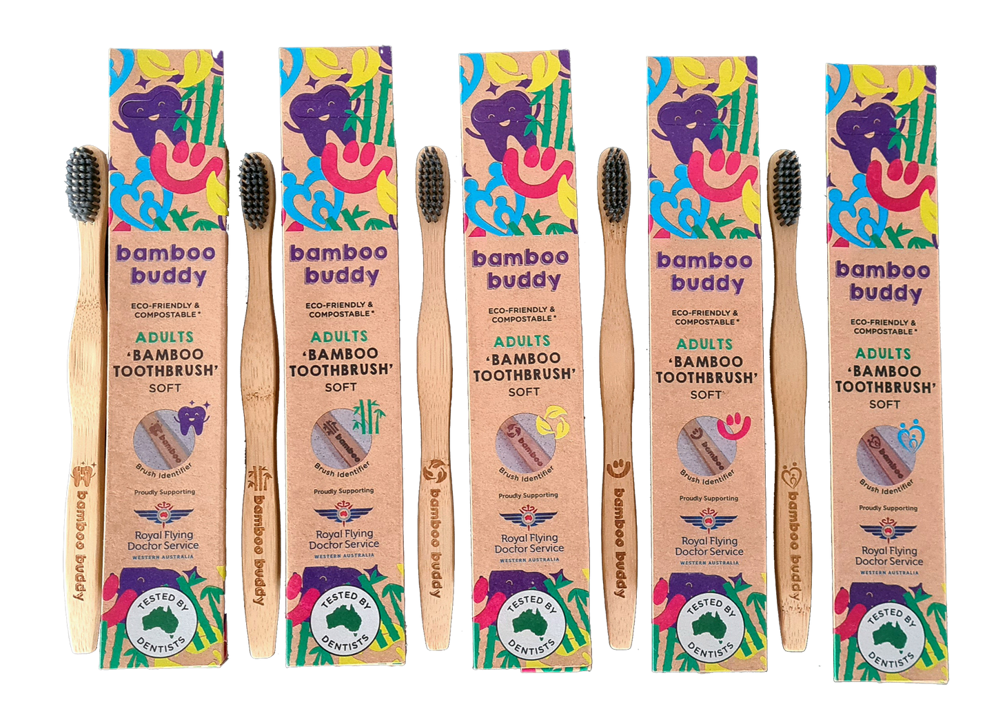 Set of Bamboo Buddy toothbrushes with colorful packaging on a white background