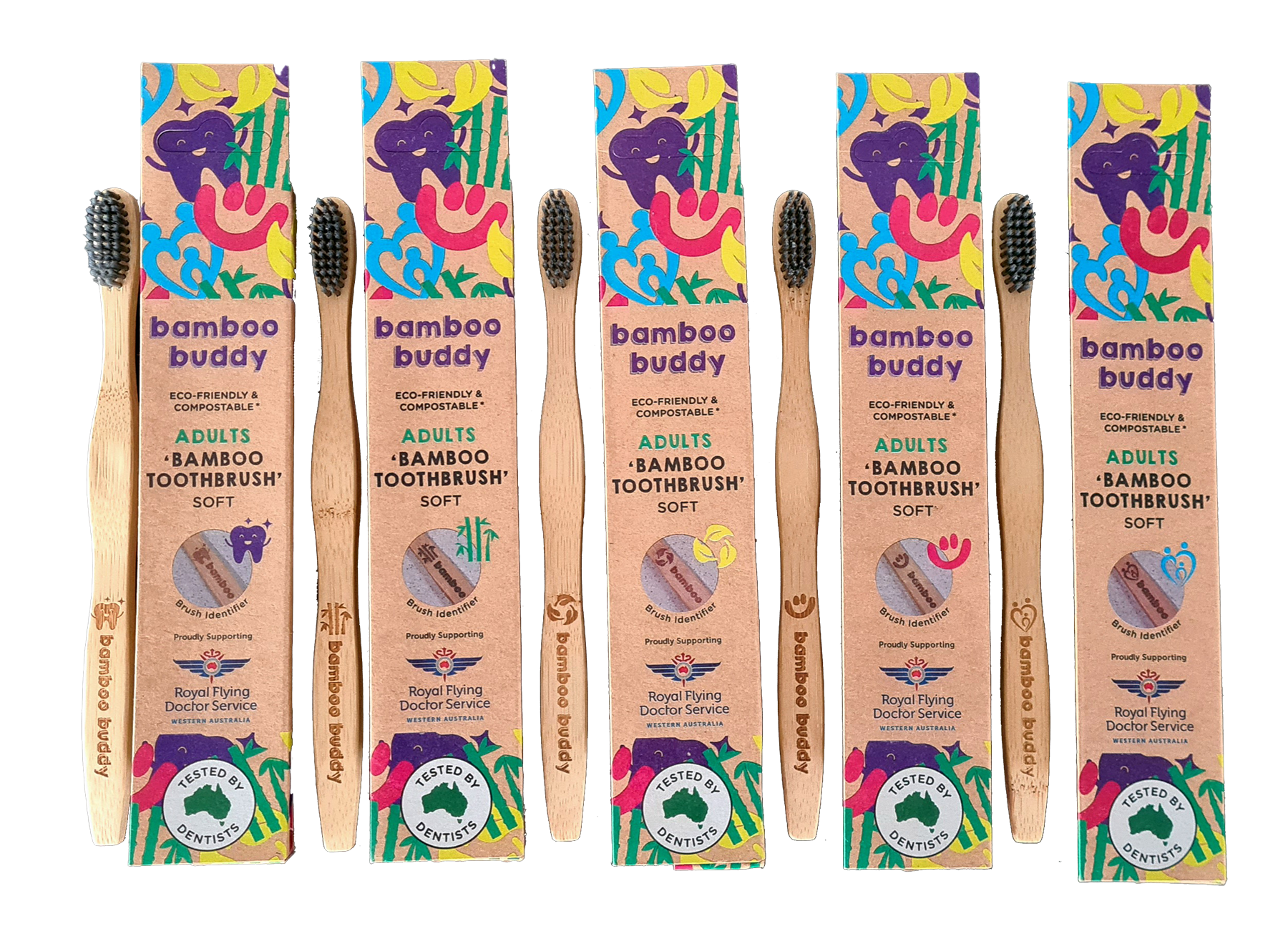 Set of Bamboo Buddy toothbrushes with colorful packaging on a white background
