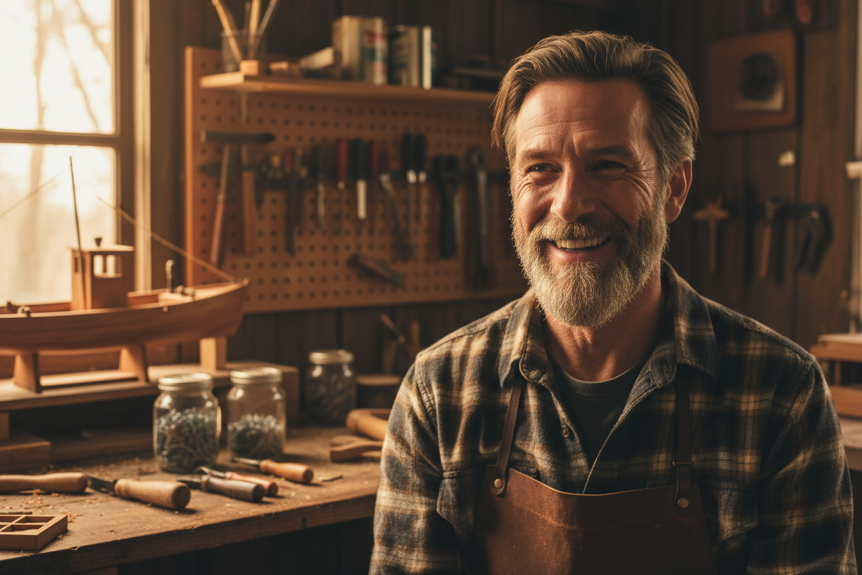 happy man in his shed close up