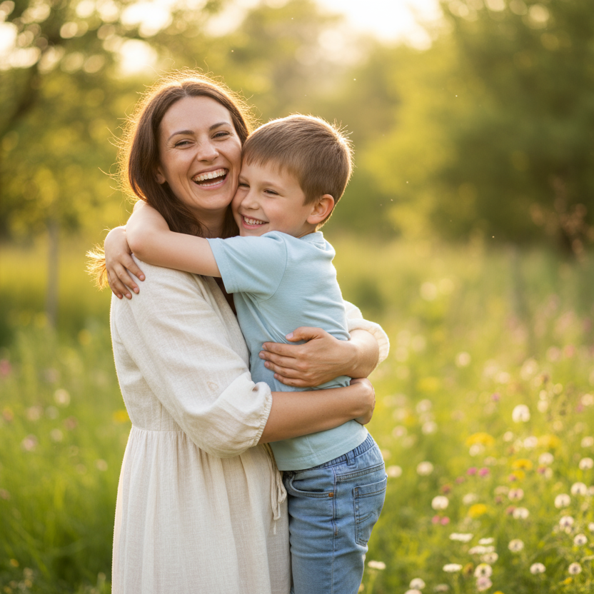 smiling lady hugging her 7 years old son